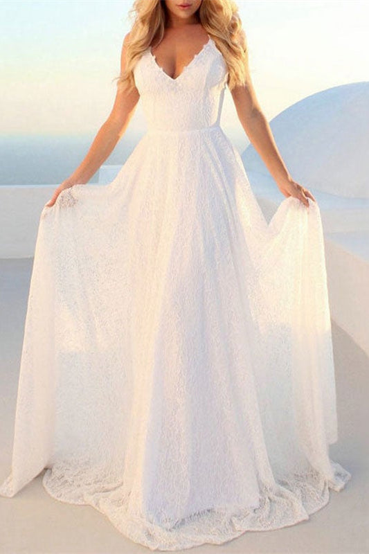 Beach Lace Bohemian Wedding Dress With V Neckline Details