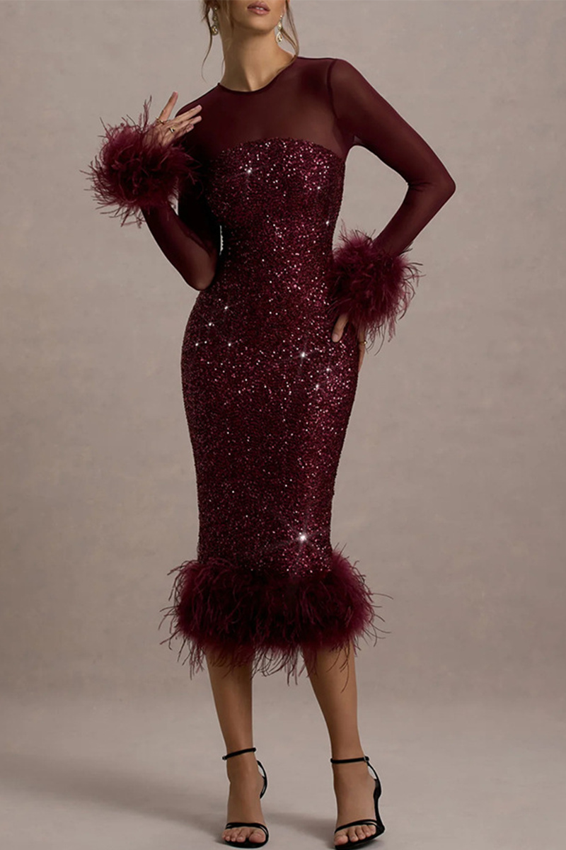 Sexy Party Pailletten Feder Trim O Neck Abendkleider 