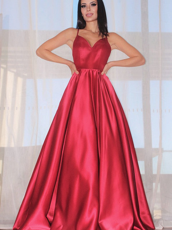 Robes longues de bal en satin à bretelles spaghetti, dos nu, coupe évasée, avec poches