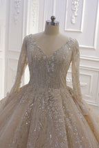 Beautiful Long Sleeve V Neck Ball Gown Wedding Dress With Sequins Beads Ruffles