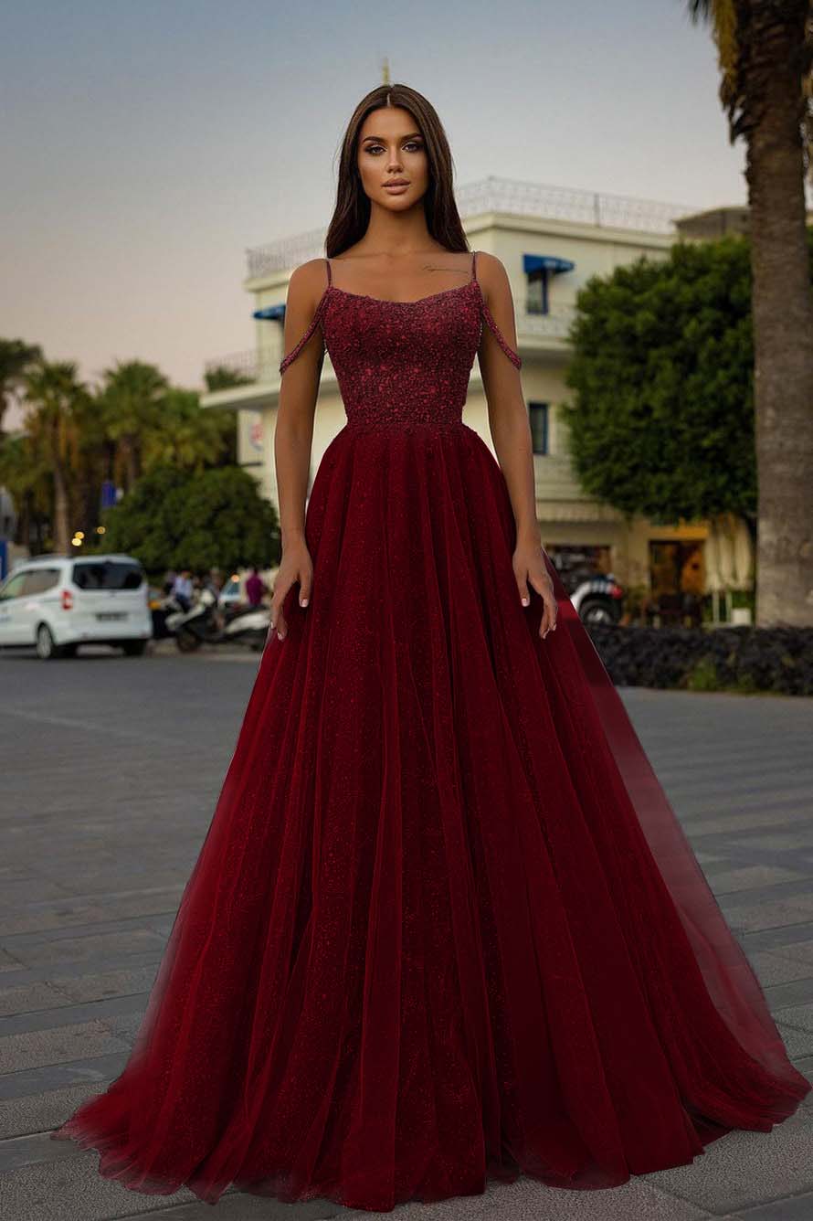 Tulle Spaghetti Strap Sleeveless A Line Prom Dress With Sequins Beads