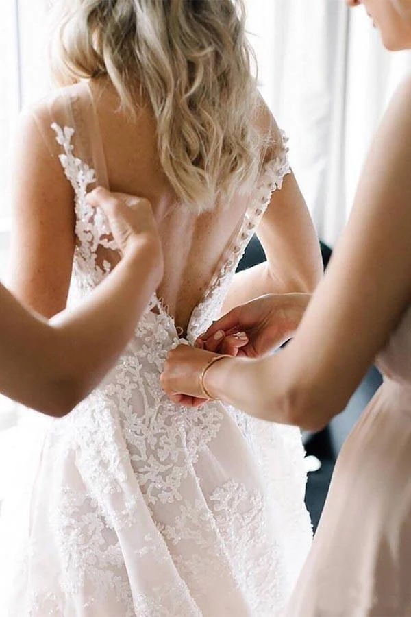 Chic V Neck A Line Straps Wedding Dress With Floral Beads
