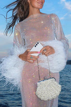 Robe de soirée mini à manches en plumes et tissu à strass Surprise Nocturne
