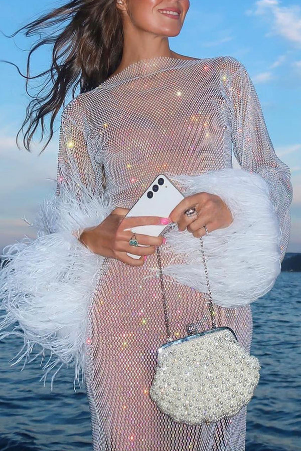 Robe de soirée mini à manches en plumes et tissu à strass Surprise Nocturne