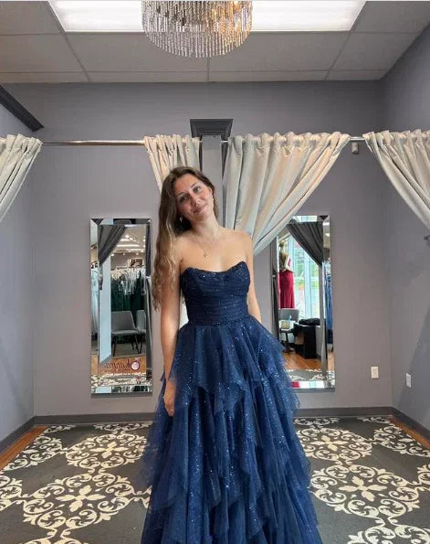Vestido de noite de tule brilhante com lantejoulas azul marinho vestido de baile linha A Y8146