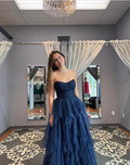 Vestido de noite de tule brilhante com lantejoulas azul marinho vestido de baile linha A Y8146