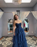 Vestido de noite de tule brilhante com lantejoulas azul marinho vestido de baile linha A Y8146