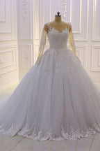 Elegant Long Sleeves Bateau Lace A Line Wedding Dress With Pearl Tulle Appliques