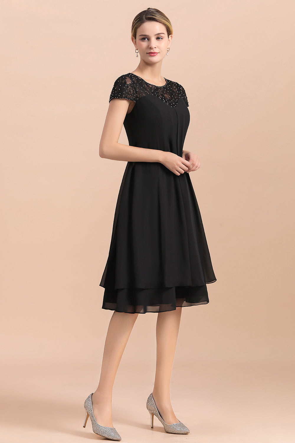 BMbridal Chic Black Cap Sleeve Mother of Bride Dress Chiffon Short Wedding Party Gowns