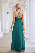 Vestido de Festa Comprido até ao Chão para Damas de Honra, em Chiffon, com Alças Finas, Decote em V e Fenda Frontal, para Baile, Festa e Casamento 28116