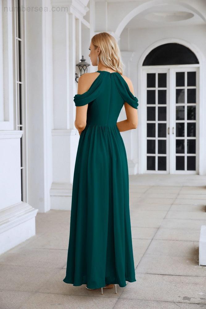 Abito da sera da damigella in chiffon con spalle scoperte, maniche a campana e spacco frontale, abito da festa nuziale 28117