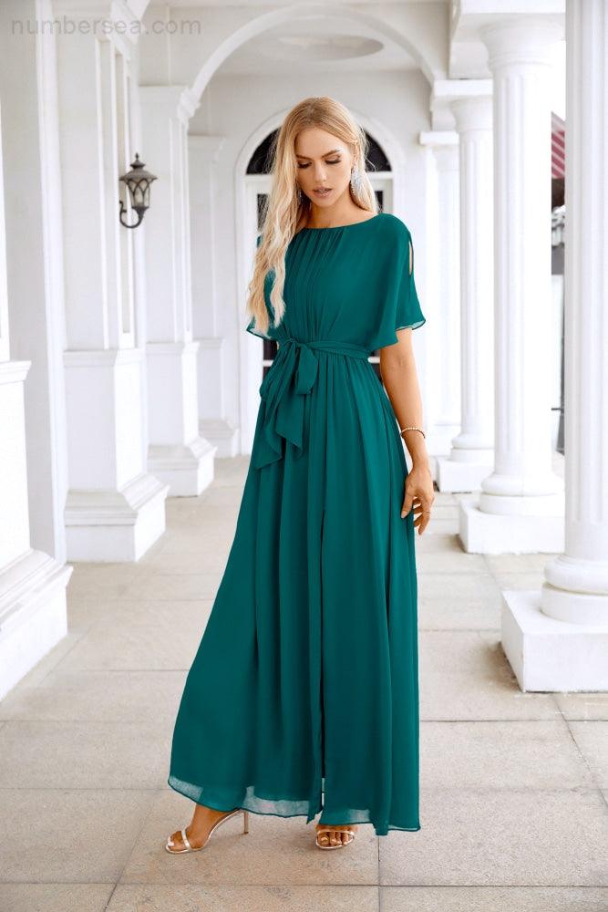 Robe de soirée longue jusqu'au sol pour demoiselle d'honneur, manches en mousseline, encolure ronde, fente avant, pour mariage et fête 28124