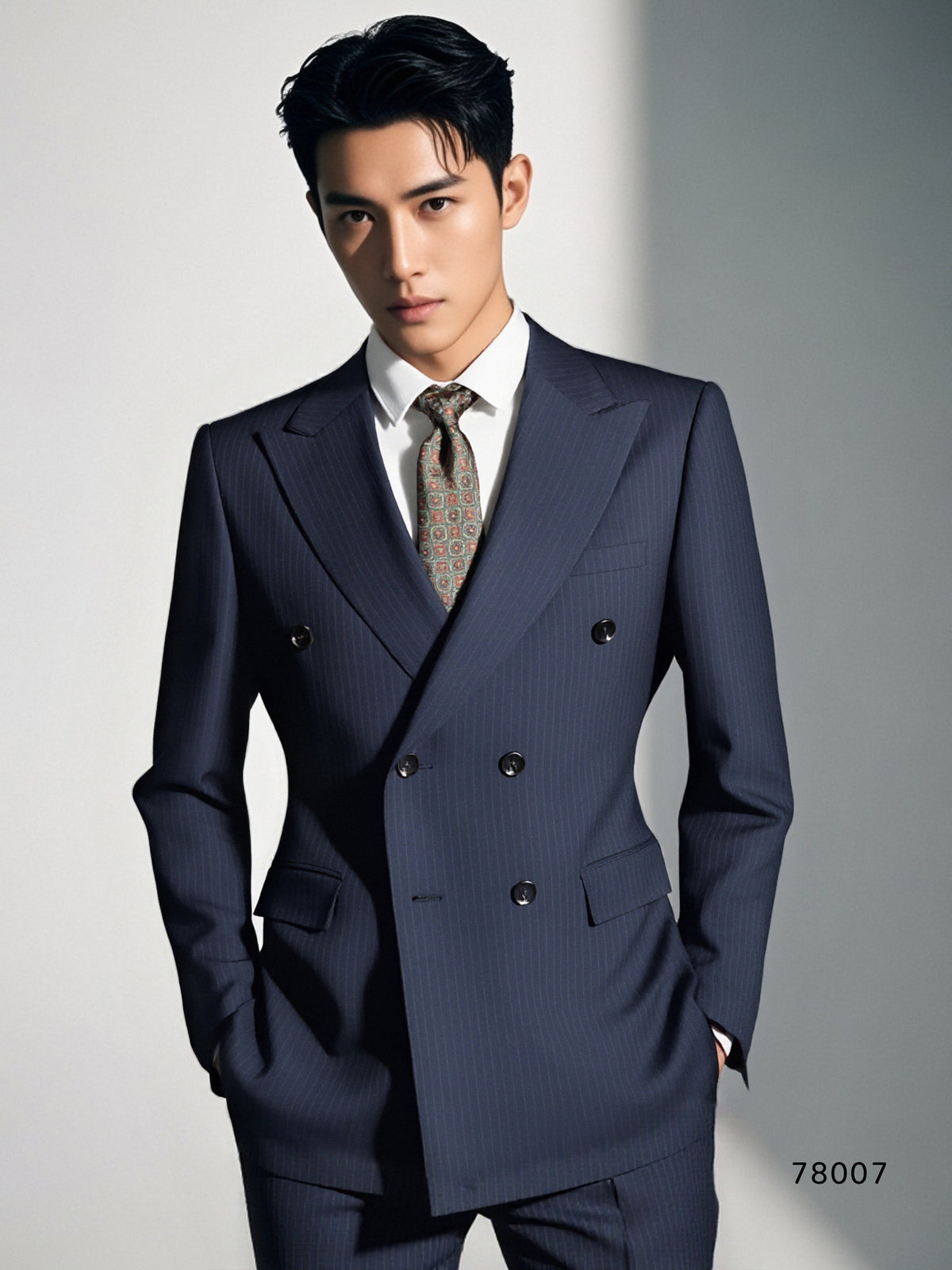 Double Breasted Pinstripe Navy Wool Suit Tailored For Groom And Business