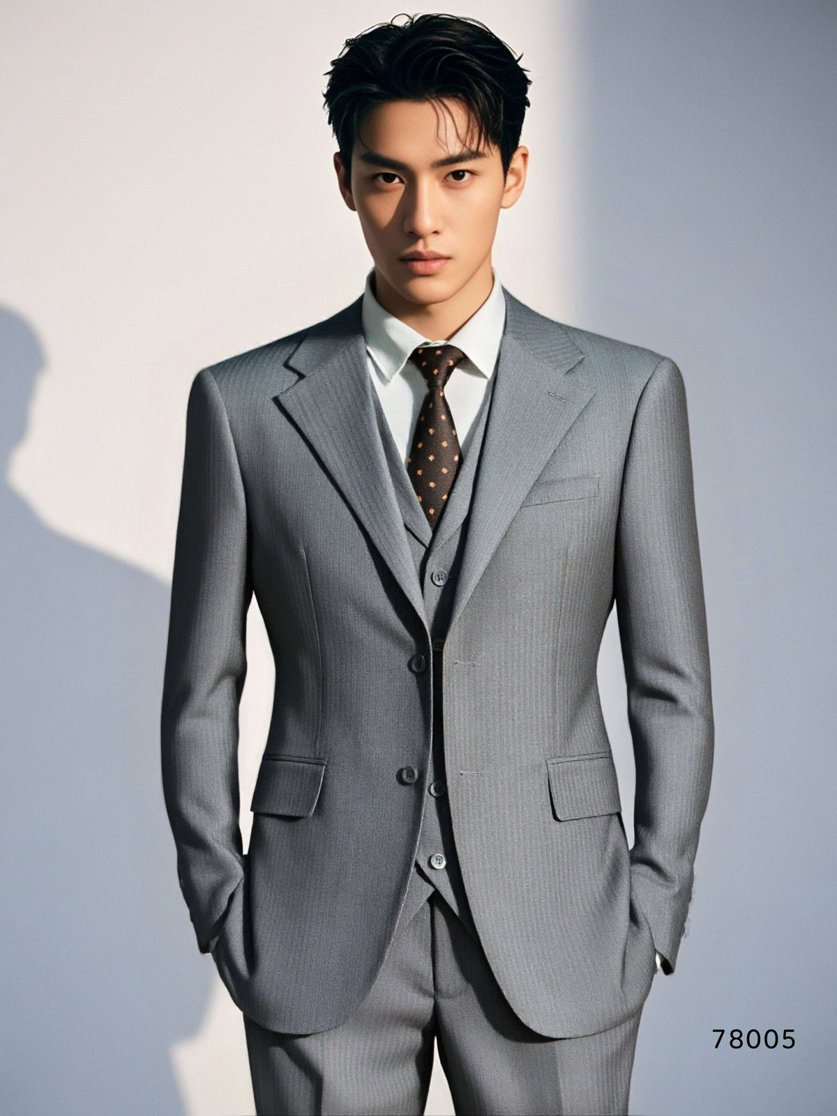 Three Piece Subtle Pinstripe Grey Wool Suit Tailored For Groom And Business