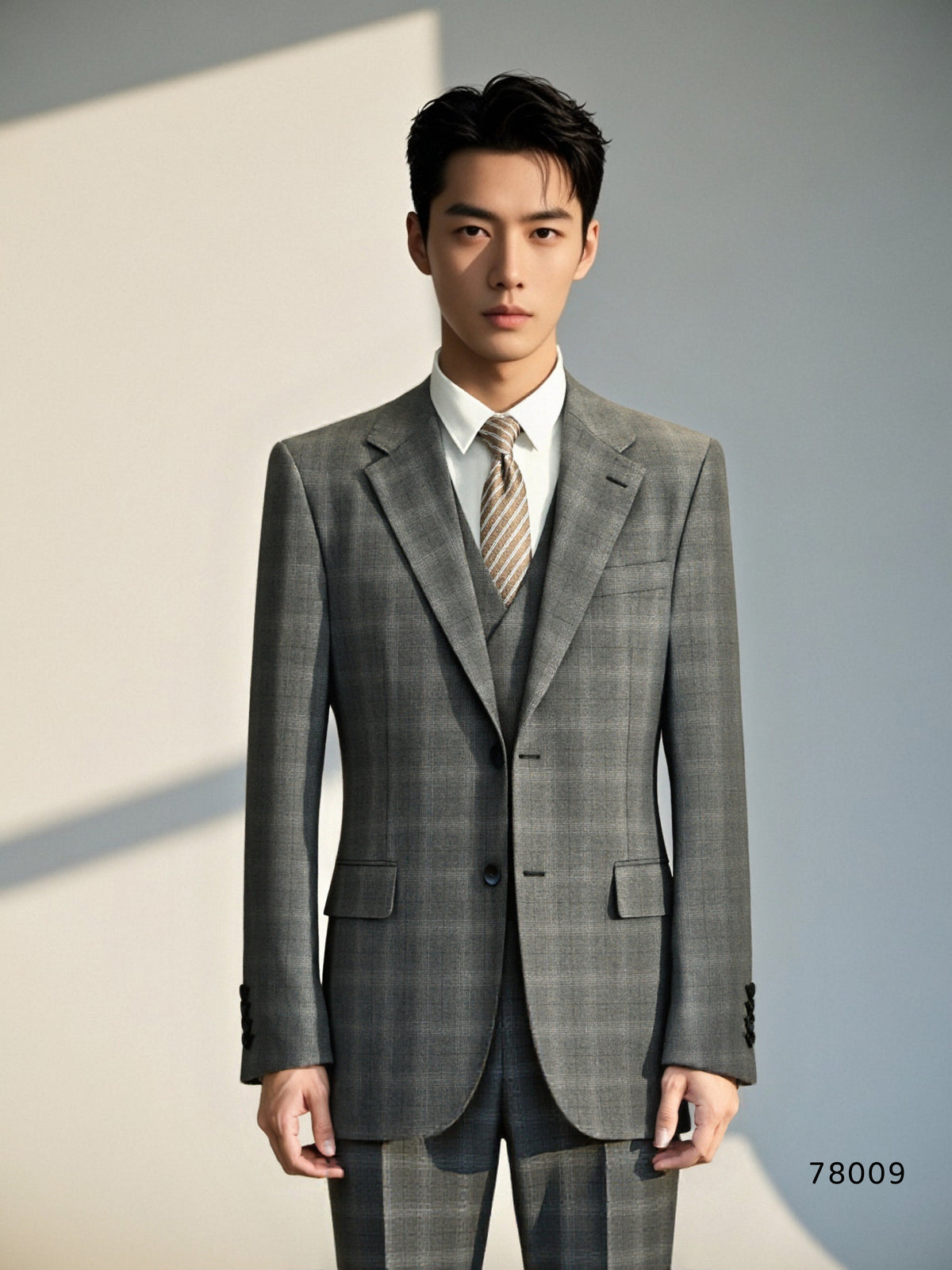 Three Piece Solid Grey Wool Suit For Formal Groom And Business