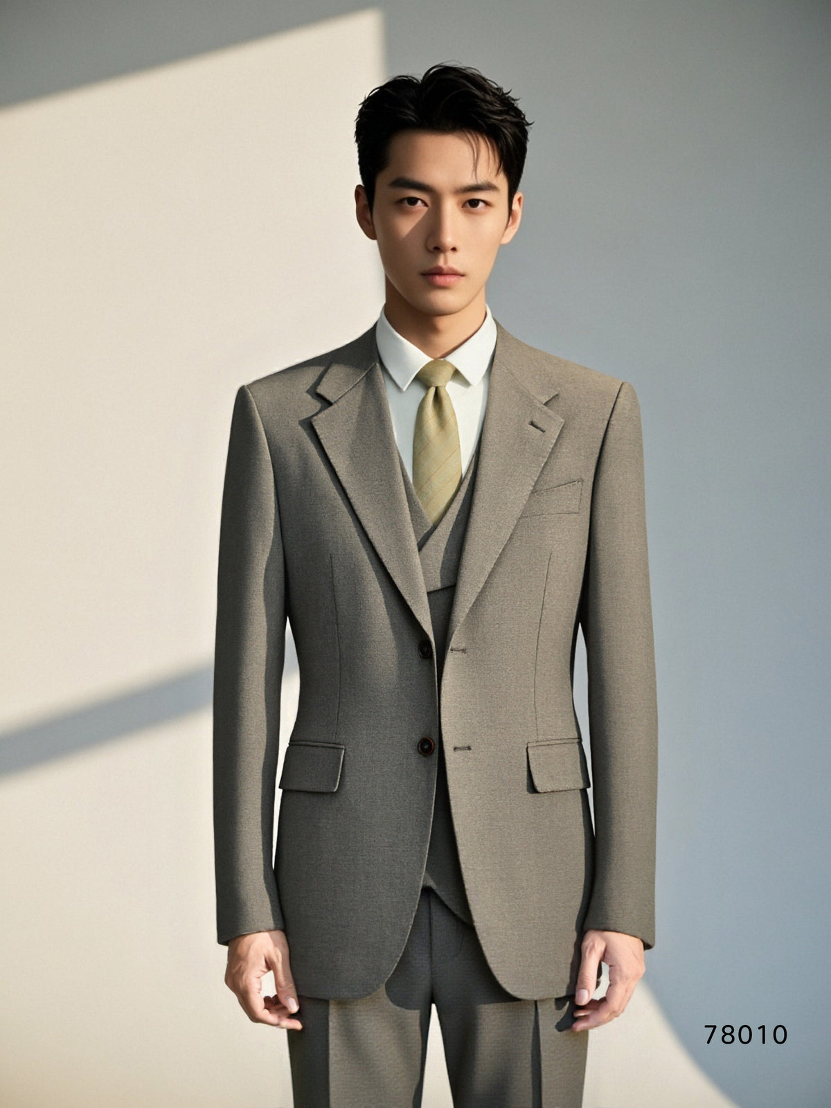 Three Piece Solid Taupe Grey Wool Suit for Groom and Business