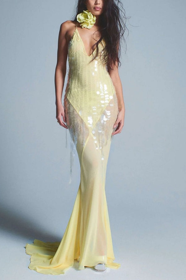Robe longue fendue dos nu à encolure en V profond avec paillettes et ourmet en queue de poisson - Jaune