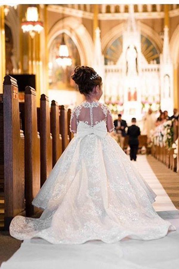 Long Sleeves Lace Jewel Neck Flower Girl Dress Ball Gown Floor Length