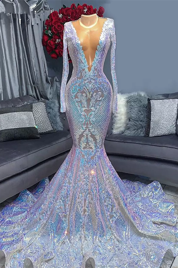 Abito da sera lungo a sirena con scollo a V, maniche lunghe e paillettes, fino a terra