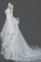 Chic Ruffled Ball Gown Long Sleeve Wedding Dress With Lace Appliques