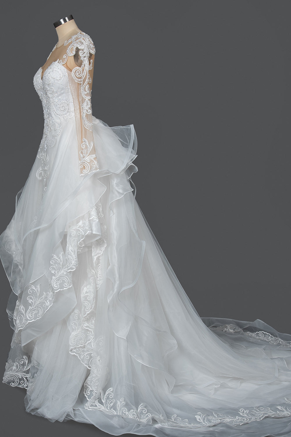 Chic Ruffled Ball Gown Long Sleeve Wedding Dress With Lace Appliques