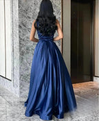 Luxuriöses Damen Abendkleid Dunkelblau Satin Glitzerbesatz Linie Ein Abschlusskleid Party Elegant Ball Hochzeit Maßgeschneidert
