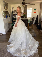 Elegant A Line Off The Shoulder Lace Wedding Dress With Beaded Appliques