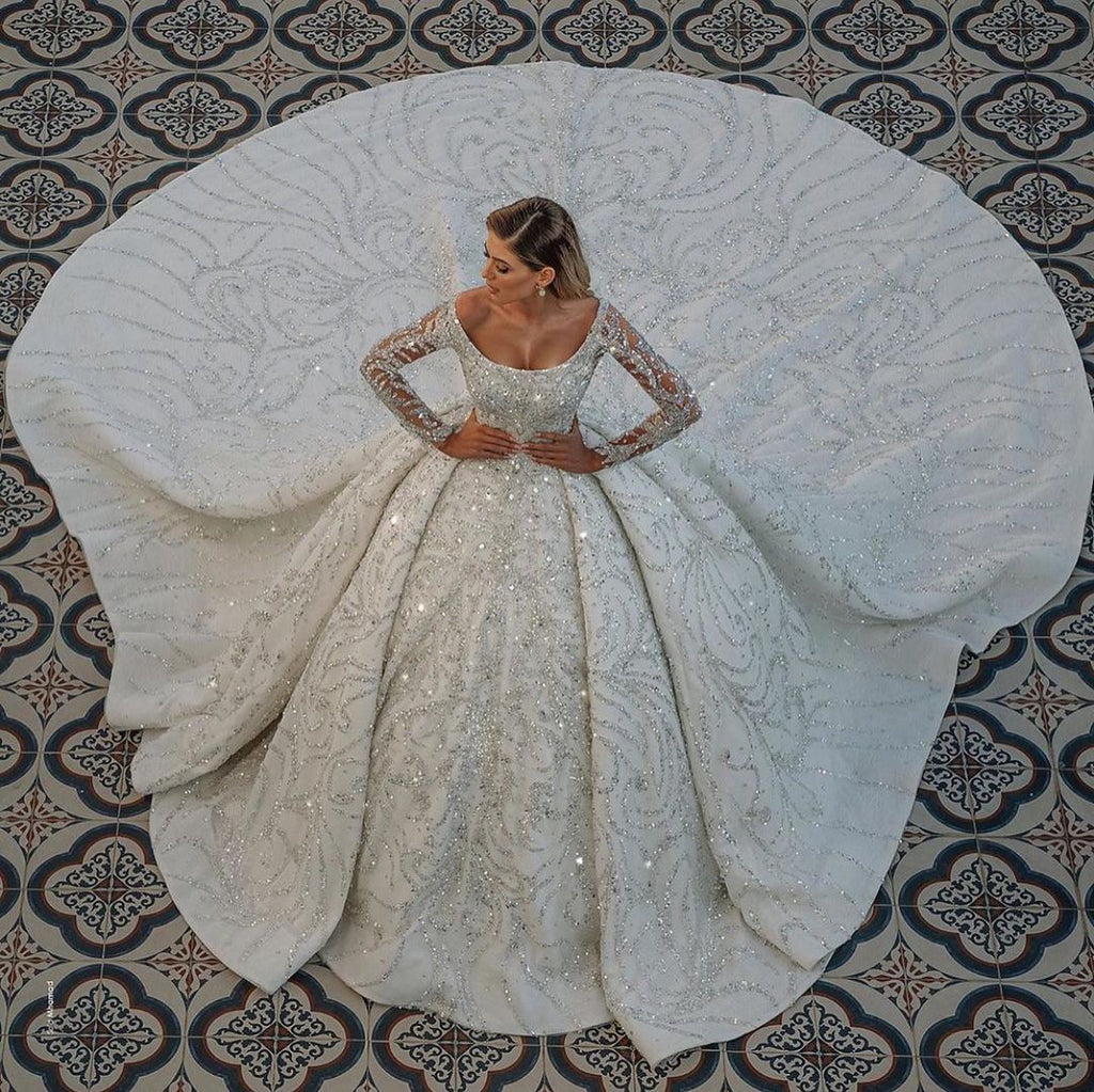 Bmbridal Long Sleeve Satin Ball Gown Wedding Dress Beaded Sequined