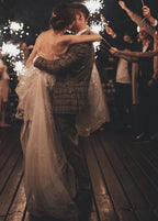 Romantic Long Tulle Lace Wedding Dress with Spaghetti Straps A Line V Neck