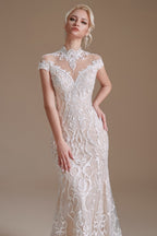 Sexy Lace Mermaid Wedding Dress With High Neck And Long Sleeves