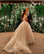 Elegant Tulle Off The Shoulder A Line Long Wedding Dress With Chapel Train