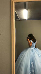 Schulterfreies blaues Kleid aus Tüll und Spitze für den 15. Geburtstag, blaues Ballkleid mit Puffärmeln, Kleid für den süßen 16. Geburtstag Y1499