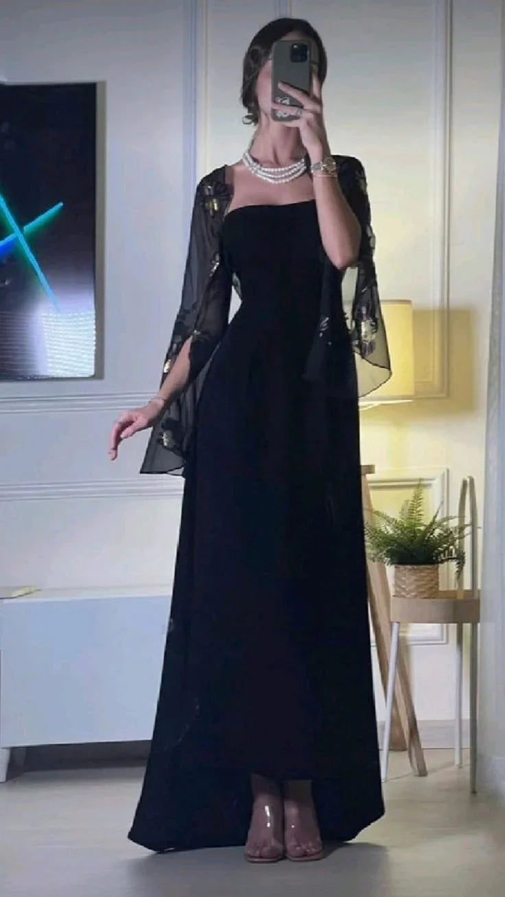 Vestido largo negro elegante sin tirantes en línea A para baile de graduación vestido formal de noche Y7610