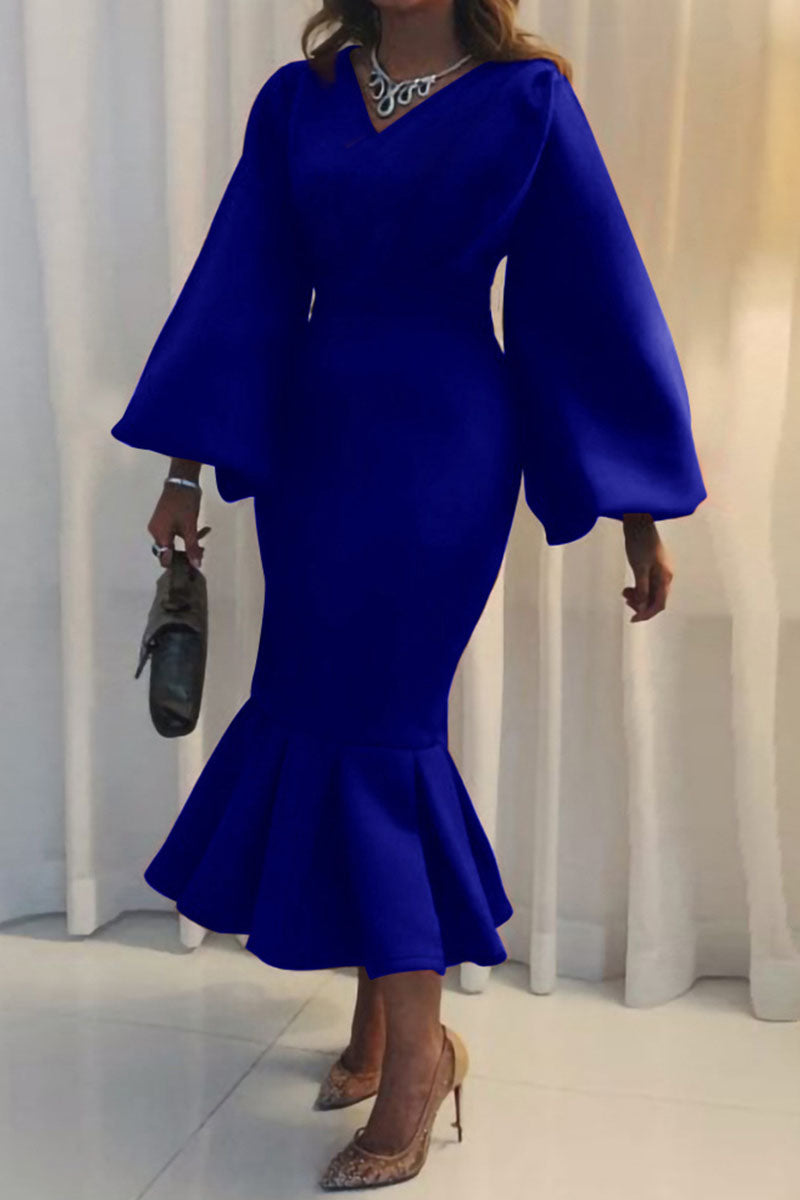 Elegantes, solides Patchwork-Abendkleid mit V-Ausschnitt (4 Farben) 