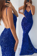 Vestido de Baile Royal Blue Longo com Decote em V, Cauda de Sereia, Lantejoulas, Costas Descobertas e Fenda