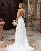 Elegant V Neck Long A Line Split Wedding Dress With Chiffon Lace
