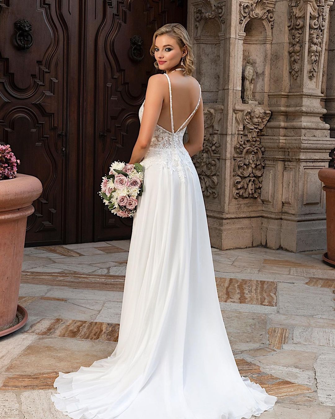 Elegant V Neck Long A Line Split Wedding Dress With Chiffon Lace