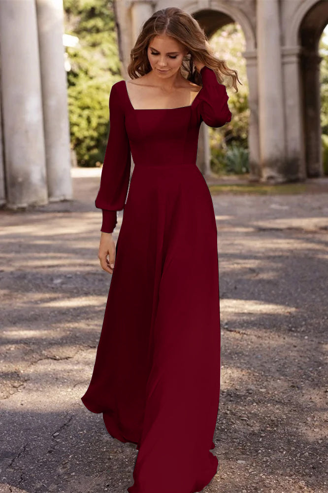 Square Neckline A Line Long Sleeve Wedding Dress For Elegant Bridal