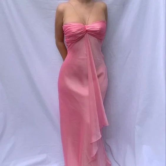 Sweet Pink Chiffon Long Prom Dress Strapless Formal Party Evening Dress Y7560