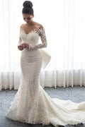Mermaid Lace Wedding Dress With Detachable Skirt And Bowknot Long Sleeves