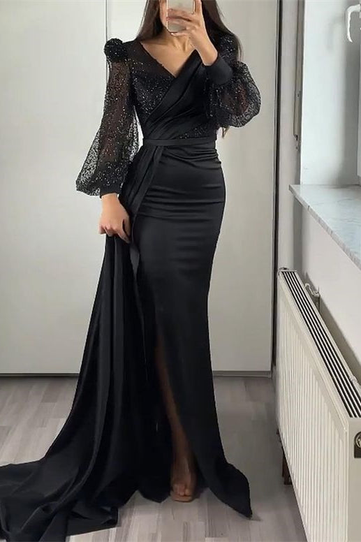 Robes de bal sirène en satin à manches longues et col en V avec fente