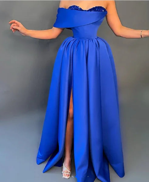 Vestido de noite formal azul elegante em cetim com lantejoulas, decote ombro a ombro e racha, vestido de baile Y8531