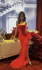 Vestido de fiesta rojo con tirantes de sirena sexy y plumas, vestido largo de noche Y7901