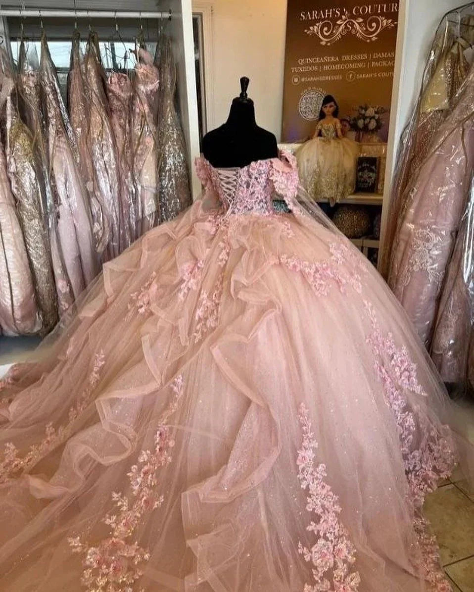Vestidos cor-de-rosa para Quinceanera com ombros descobertos, flores, apliques de renda, contas, saia rodada, para festa, princesa, doce 16, vestido de baile Y2936