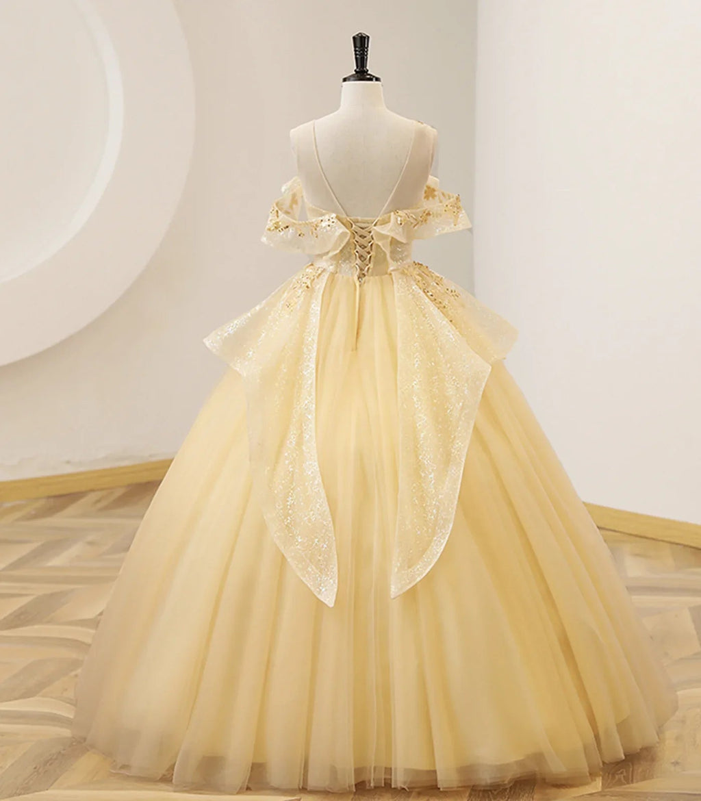 Vestido Amarelo de Baile com Contas, Vestido Doce 16 Amarelo Longo Formal Y4045