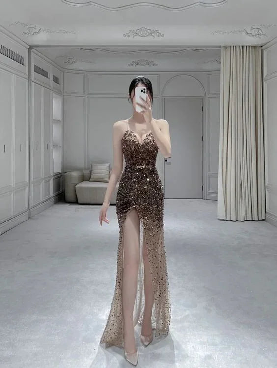 Vestido longo de noite com decote coração sensual e racha Glam Y6706