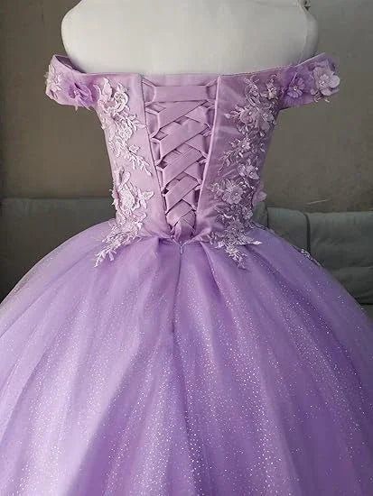 Vestido de baile azul com ombros descobertos, vestido cintilante de baile com flores S26908