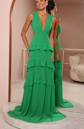 Vestido de noche largo para baile de graduación Y8386, verde esmeralda, escote en V profundo, con volantes en capas y espalda descubierta