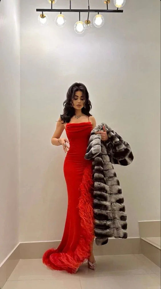 Vestido de fiesta rojo con tirantes de sirena sexy y plumas, vestido largo de noche Y7901