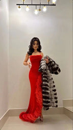 Vestido de fiesta rojo con tirantes de sirena sexy y plumas, vestido largo de noche Y7901